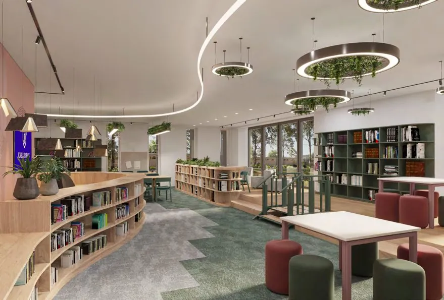 Light, modern library space at Kneller Hall with curved timber shelving and hanging planters